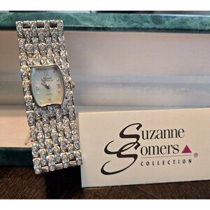Suzanne Somers Vintage Silver Watch W/ Pave Crystals & Mother of Pearl Face